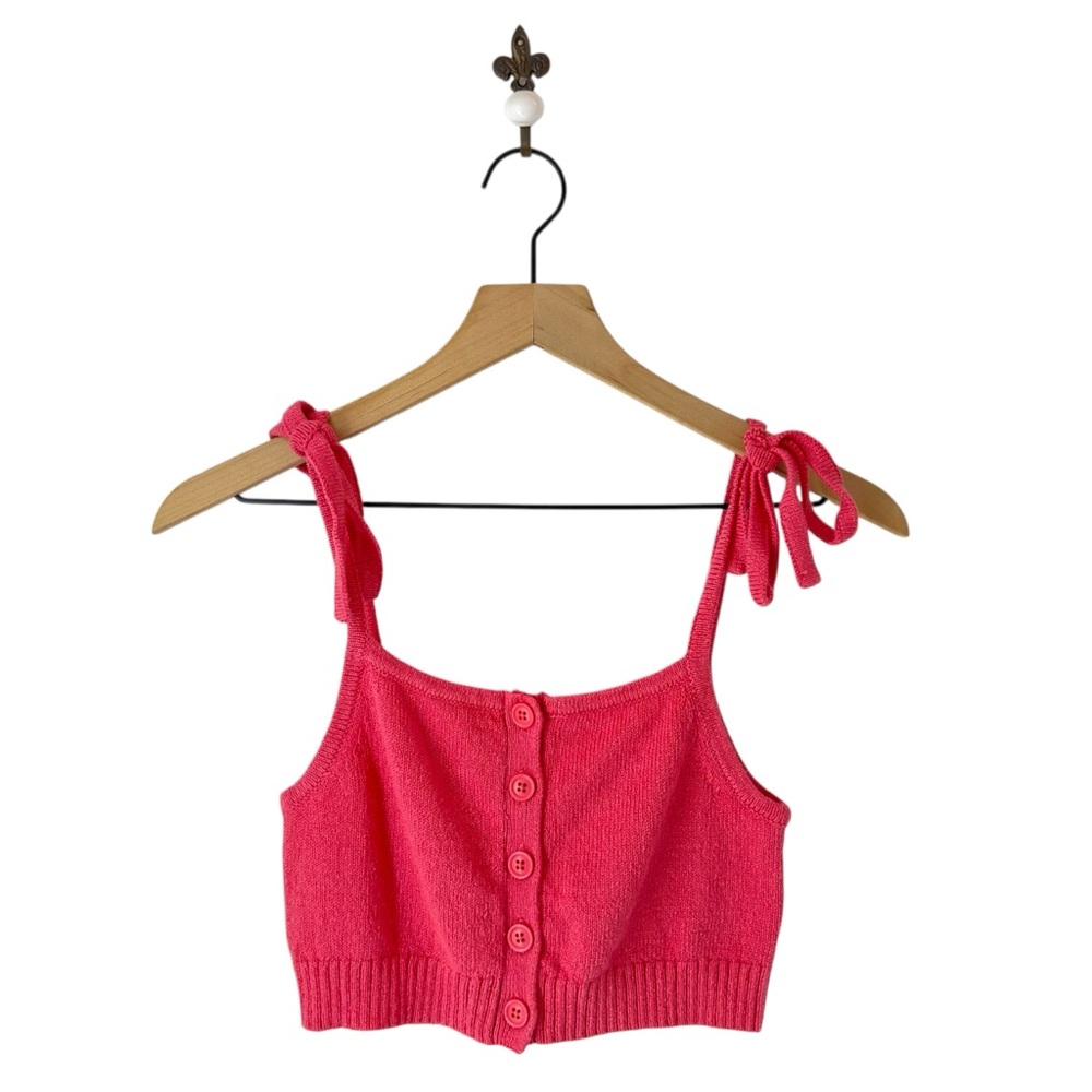 JoosTricot Knit Cropped Top XS Coral Pink Button Front Tie‎ Strap Tank Linen - Picture 2 of 9